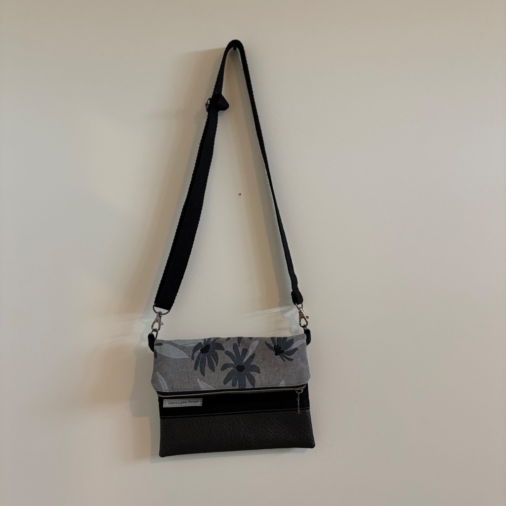 Debra Lynne Designs Grey Black Floral Foldover Crossbody Bag Faux Leather Canvas